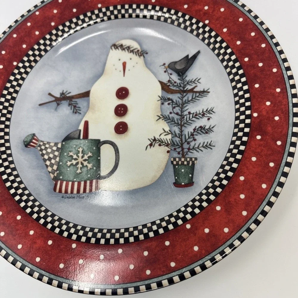 Debbie Mumm Frosty Folks Snowman Dessert Salad Plate Set of 4 Sakura Red Black‎